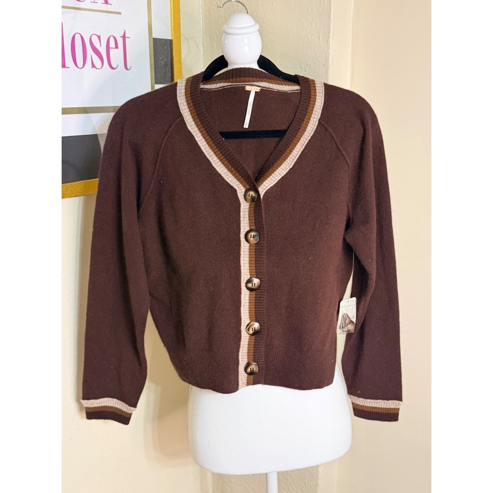 Free People Cashmere Cardigan Sweater Brown Varsity Stripe OB1442278 XS NEW